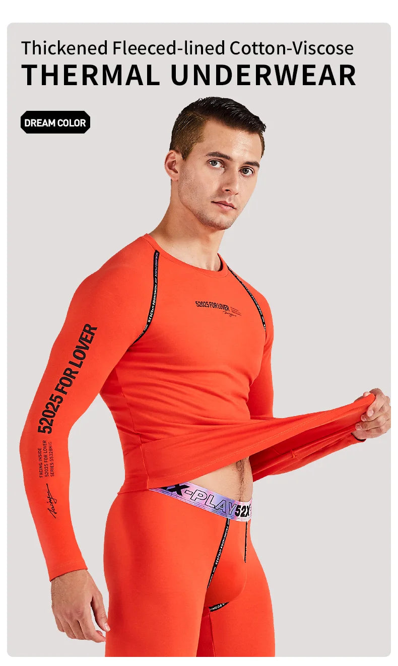 52025 Men Thickened Fleece-lined Thermal Underwear Cotton Viscose Base Layer Soft Warm Comfortable Long Johns Colorful Waistband