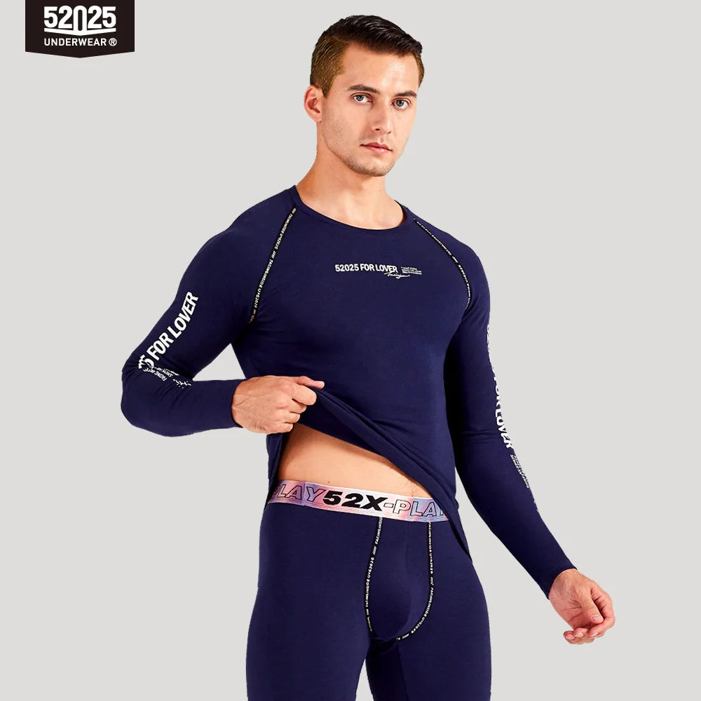 52025 Men Thickened Fleece-lined Thermal Underwear Cotton Viscose Base Layer Soft Warm Comfortable Long Johns Colorful Waistband
