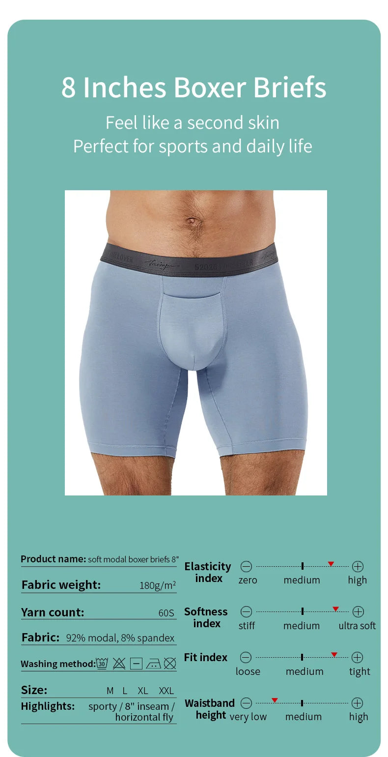 52025 Luxury Modal Boxer Briefs – 8" Inseam, Ultra-Soft & Seamless. Breathable, Long Men's Boxers for Comfort & Sexy Style