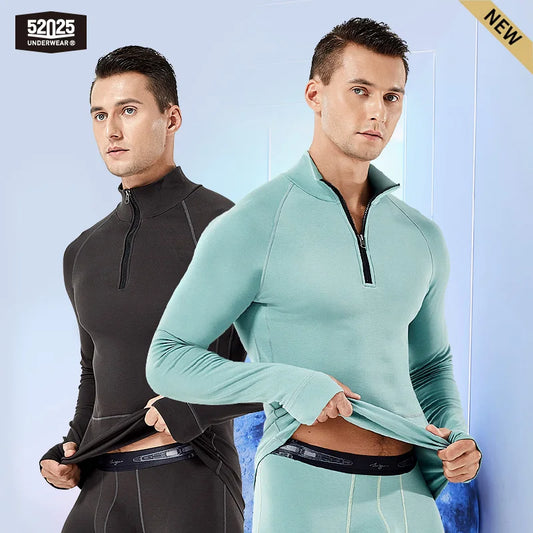 52025 Men’s Warm Zip Thermal Underwear with Merino Wool Premium Soft Long Johns Men Winter Essentials ZipBase Layer