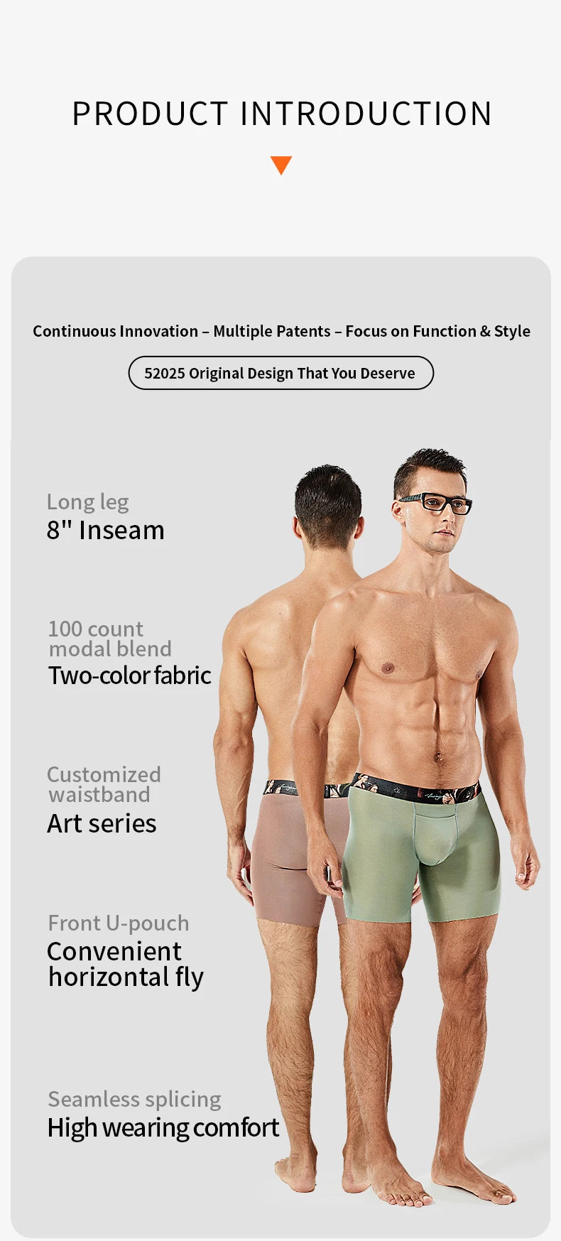 52025 Luxury Ultra-Soft Two-Color Boxer Briefs – 8" Inseam, Breathable Modal, Premium Comfort Long All-Day Wear Boxer Briefs