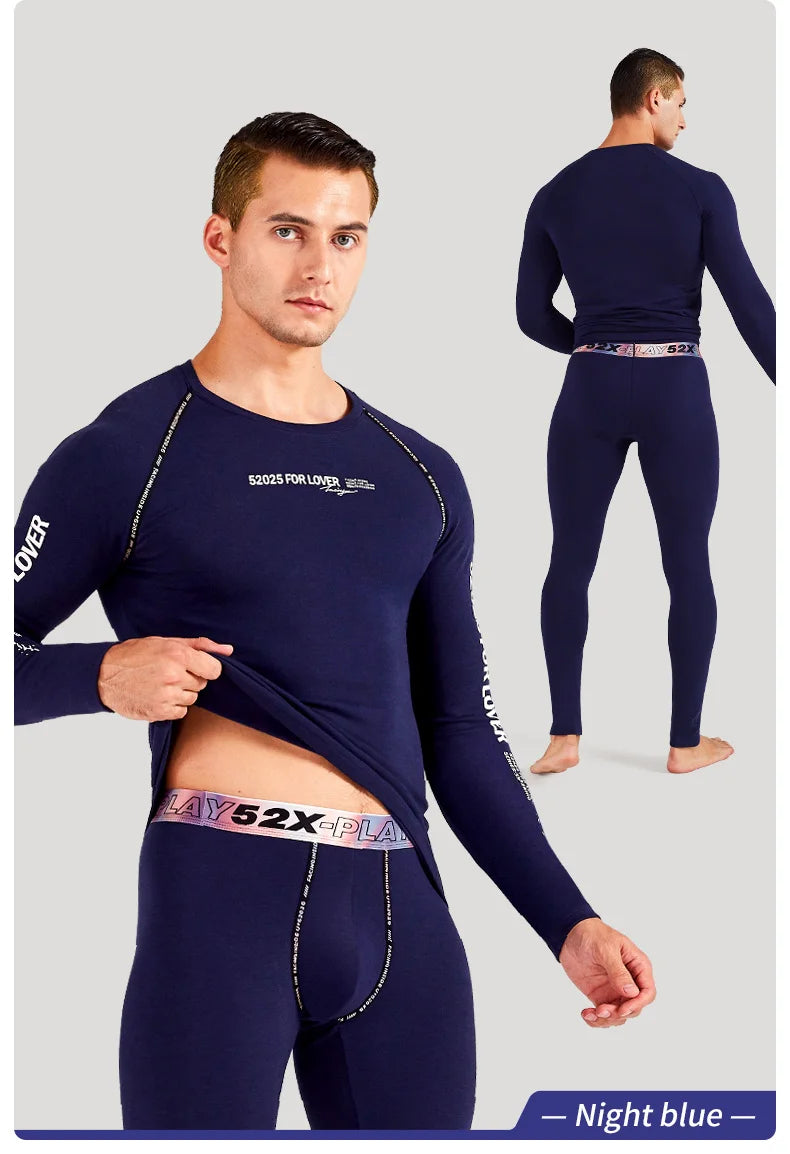 52025 Men Thickened Fleece-lined Thermal Underwear Cotton Viscose Base Layer Soft Warm Comfortable Long Johns Colorful Waistband