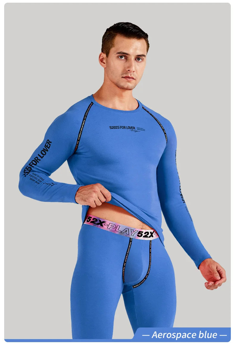 52025 Men Thickened Fleece-lined Thermal Underwear Cotton Viscose Base Layer Soft Warm Comfortable Long Johns Colorful Waistband